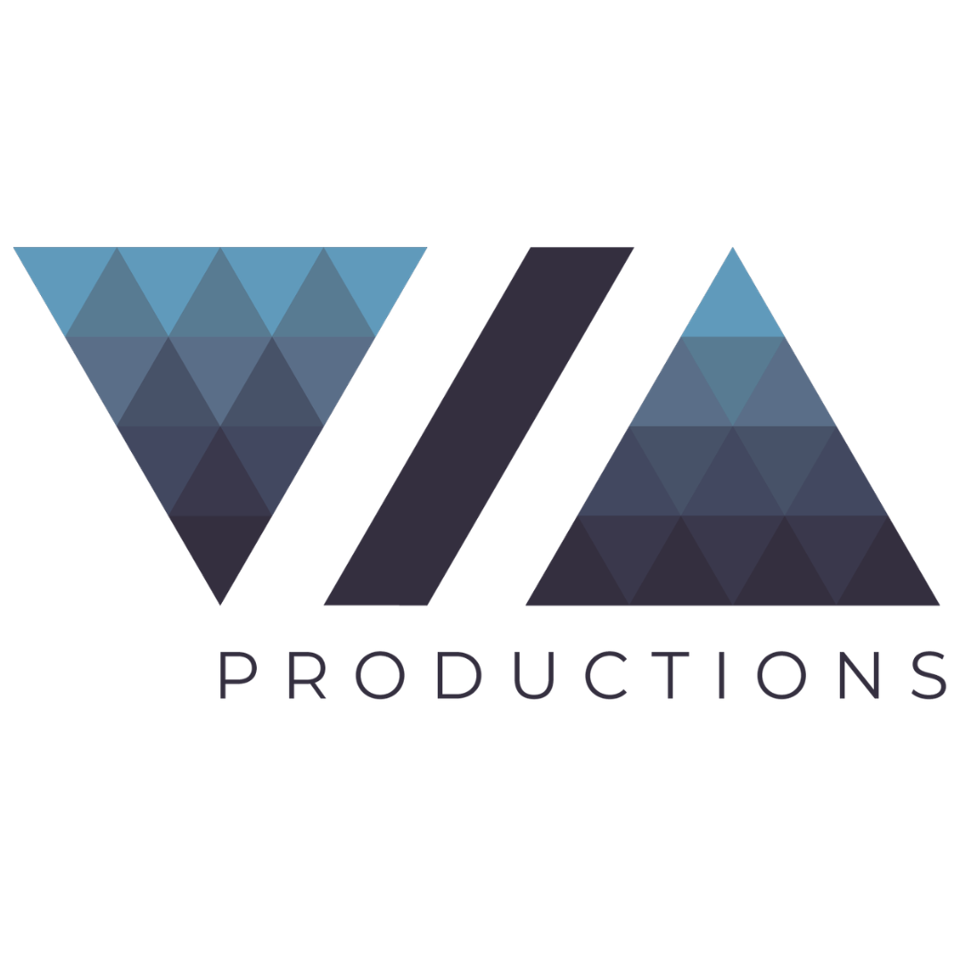 Logo with stylized geometric shapes forming triangles and slashes forming "VIA", with the word 'PRODUCTIONS' underneath