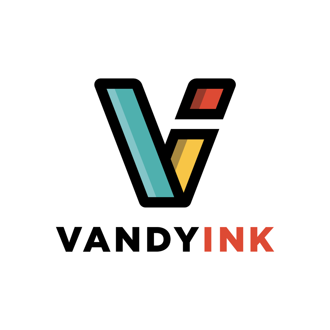 Logo of Vandy Ink featuring a stylized letter 'V' in turquoise, yellow, and red with black outlines, and the text 'VANDYINK' below in black and red.