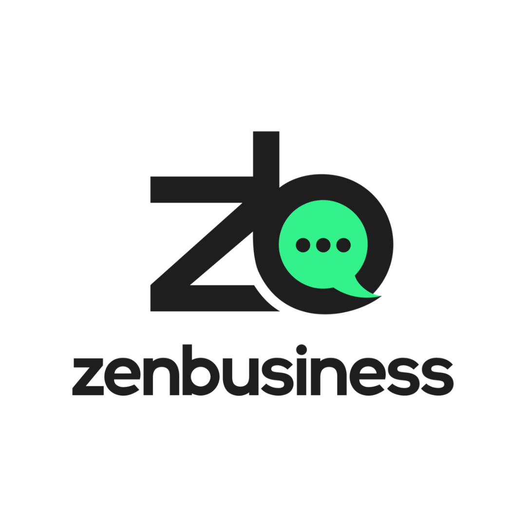 Zenbusiness logo with a stylized black 'ZB' and a green speech bubble with three dots, and the word 'zenbusiness' in black lowercase letters.