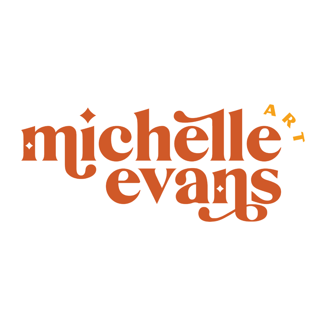 Logo for Michelle Evans Art, with the words 'Michelle Evans' in large brown stylized letters and 'ART' in smaller yellow letters curved around the top right of the name.