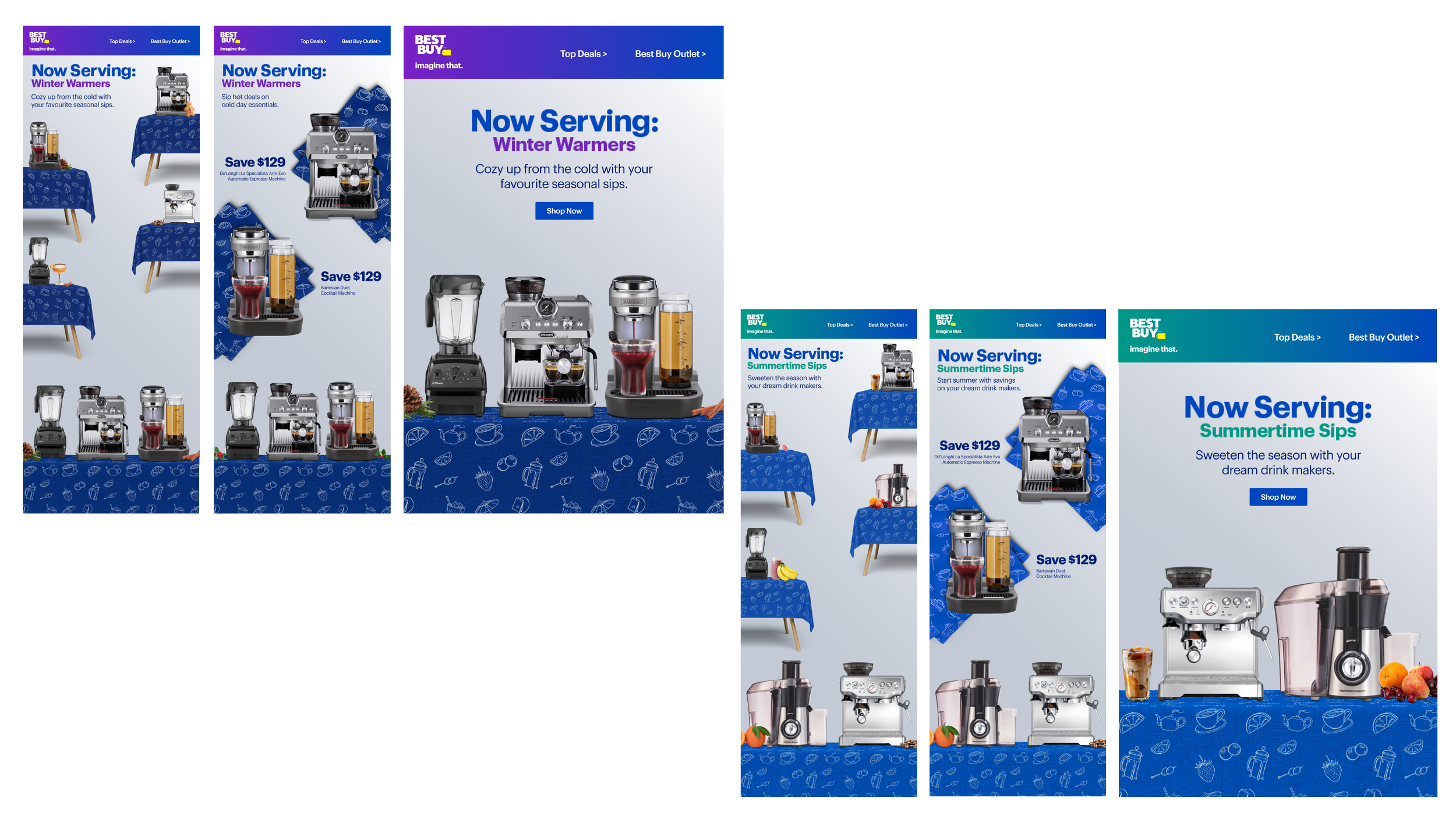 'Now Serving' Beverage Campaign. I designed the campaign, created all assets and channel examples, created a guide and taught it to production teams, oversaw and supervised the rollout. Deliverables included digital ads, emails and digital signage.