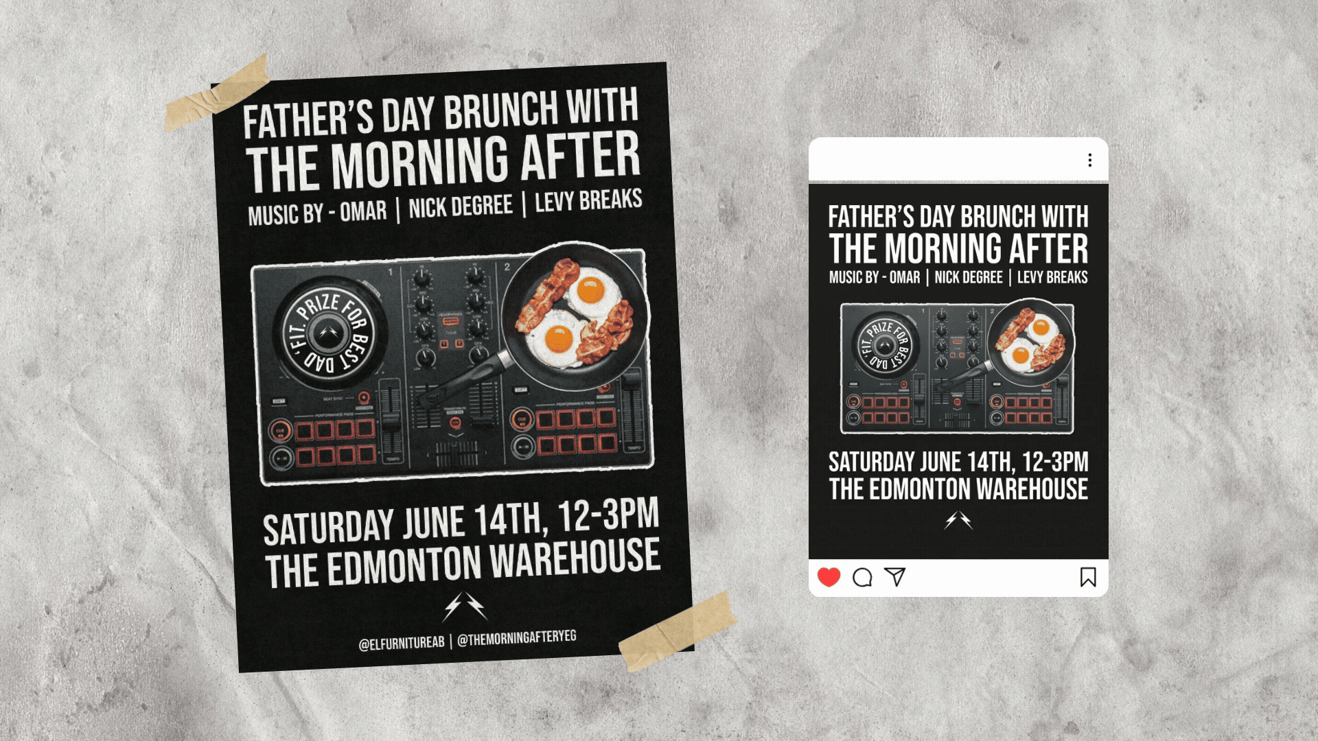 Promotional materials for a Father's Day brunch and DJ event.
