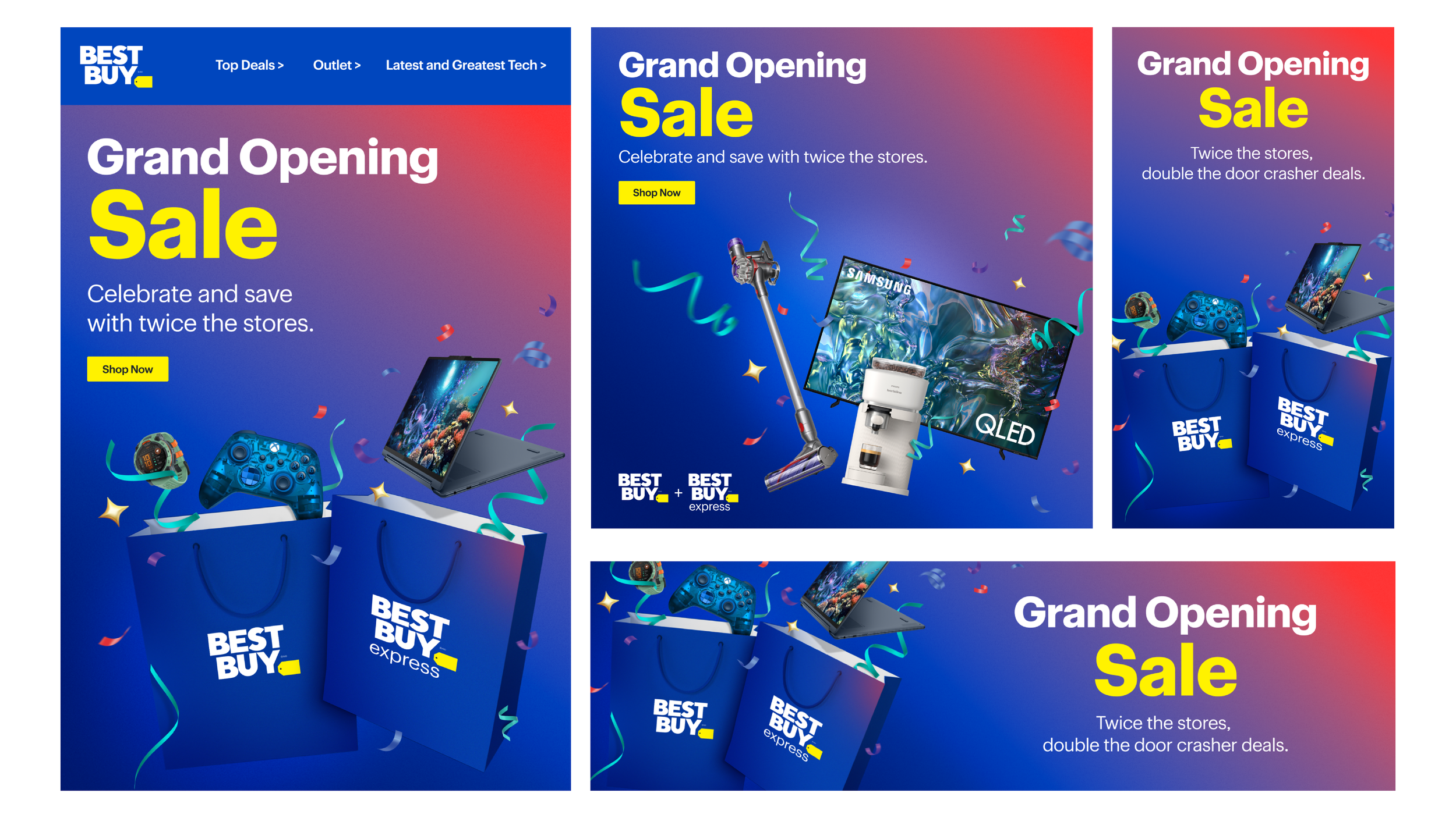 Best Buy Express Grand Opening Sale - National Campaign. I designed the campaign, created all assets and channel examples, created a guide and taught it to production teams, oversaw and supervised the rollout. Deliverables included website assets, di
