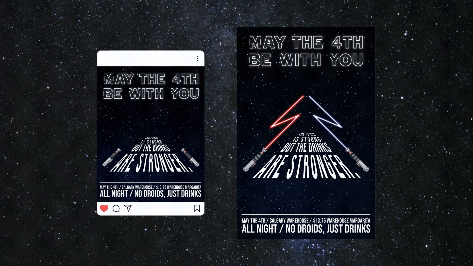 Promotional materials for a May the 4th event. Featuring light sabres bent into The Warehouse lightning bolts logo.