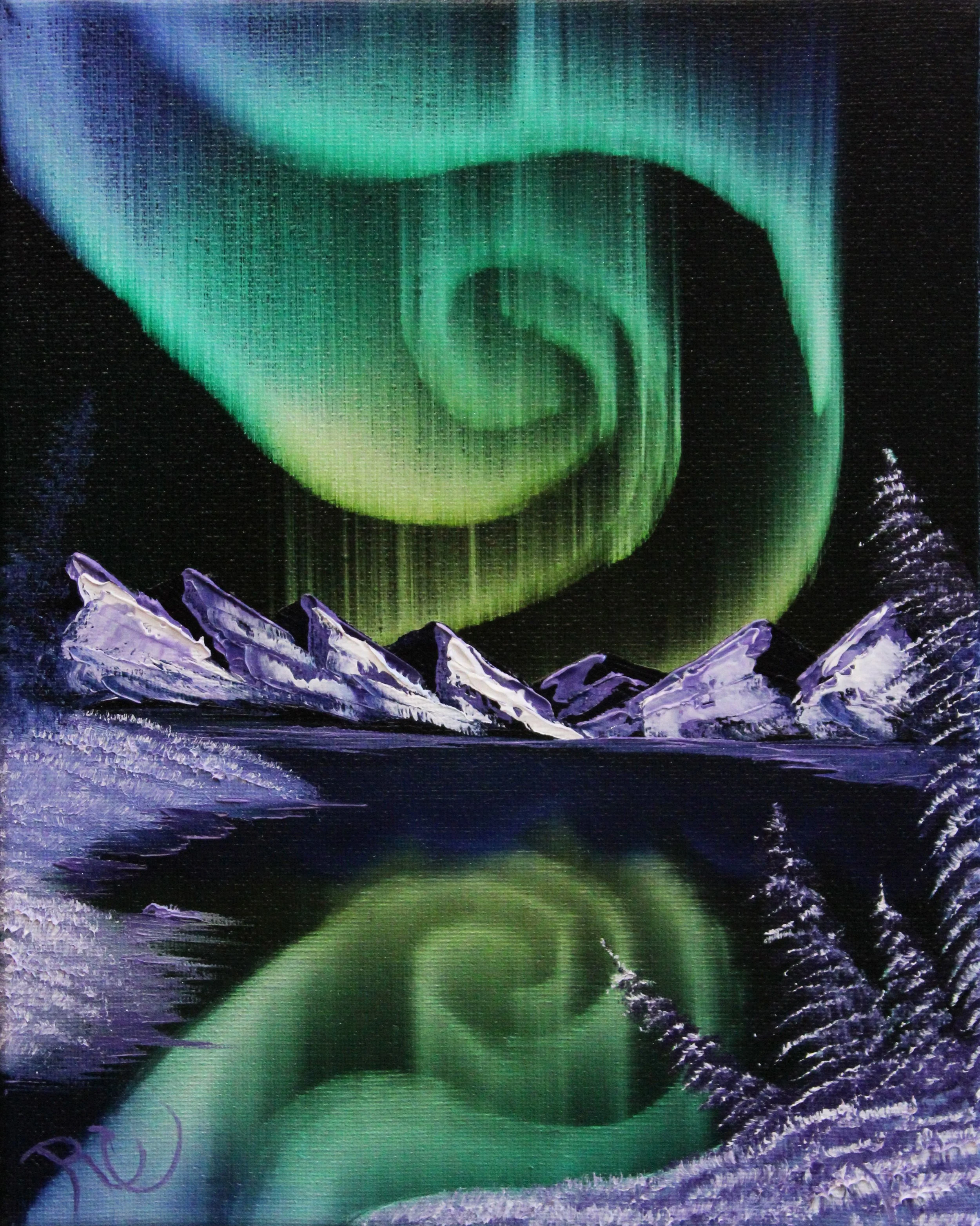 Painting of the Northern Lights over snow-covered mountains and a lake, with reflections in the water.