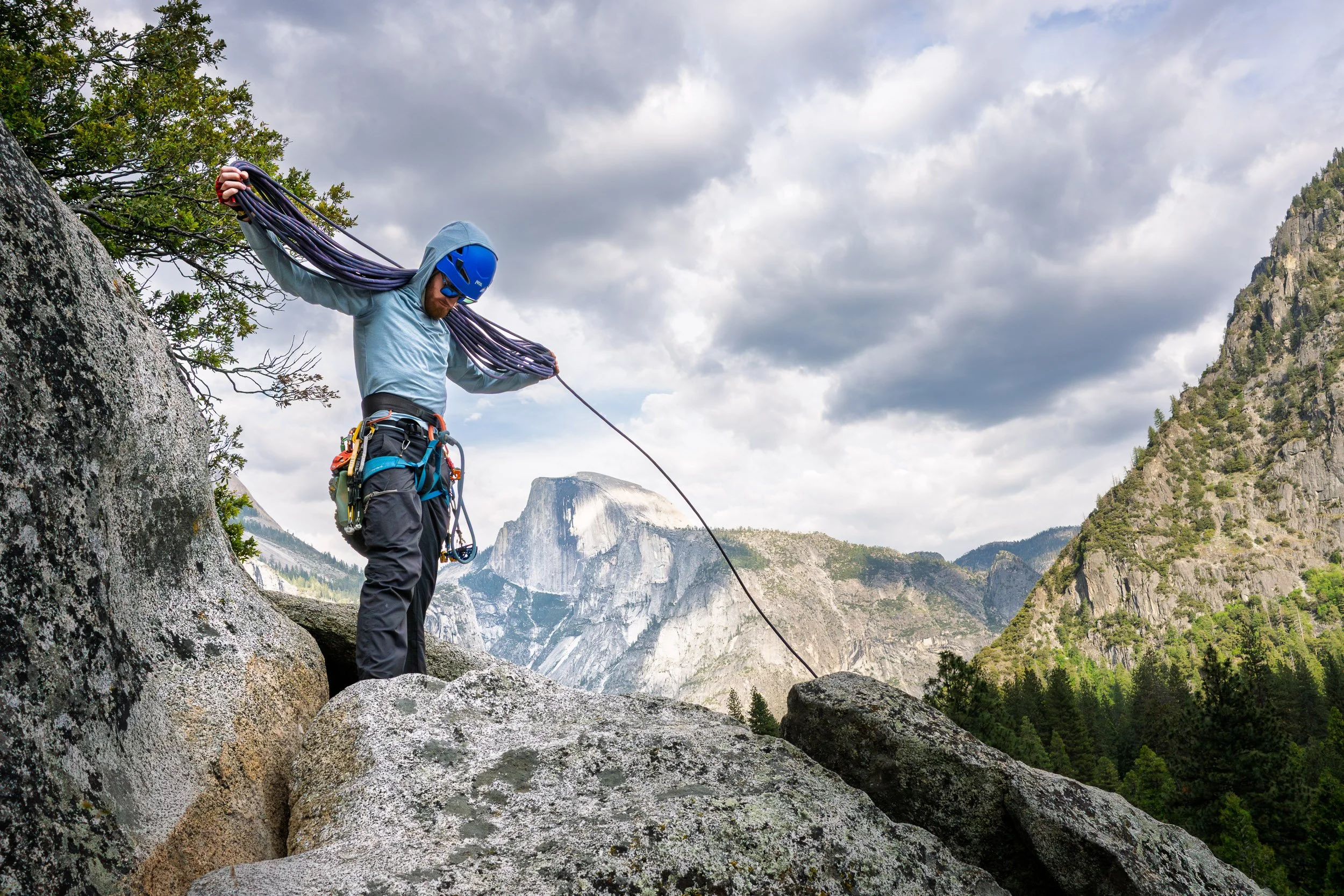 Andrew on top of Bay Tree Crack
Andrew coils up the rope after leading up Bay Tree Crack, 5.6, Swan Slab in Yosemite National Park, California, USA