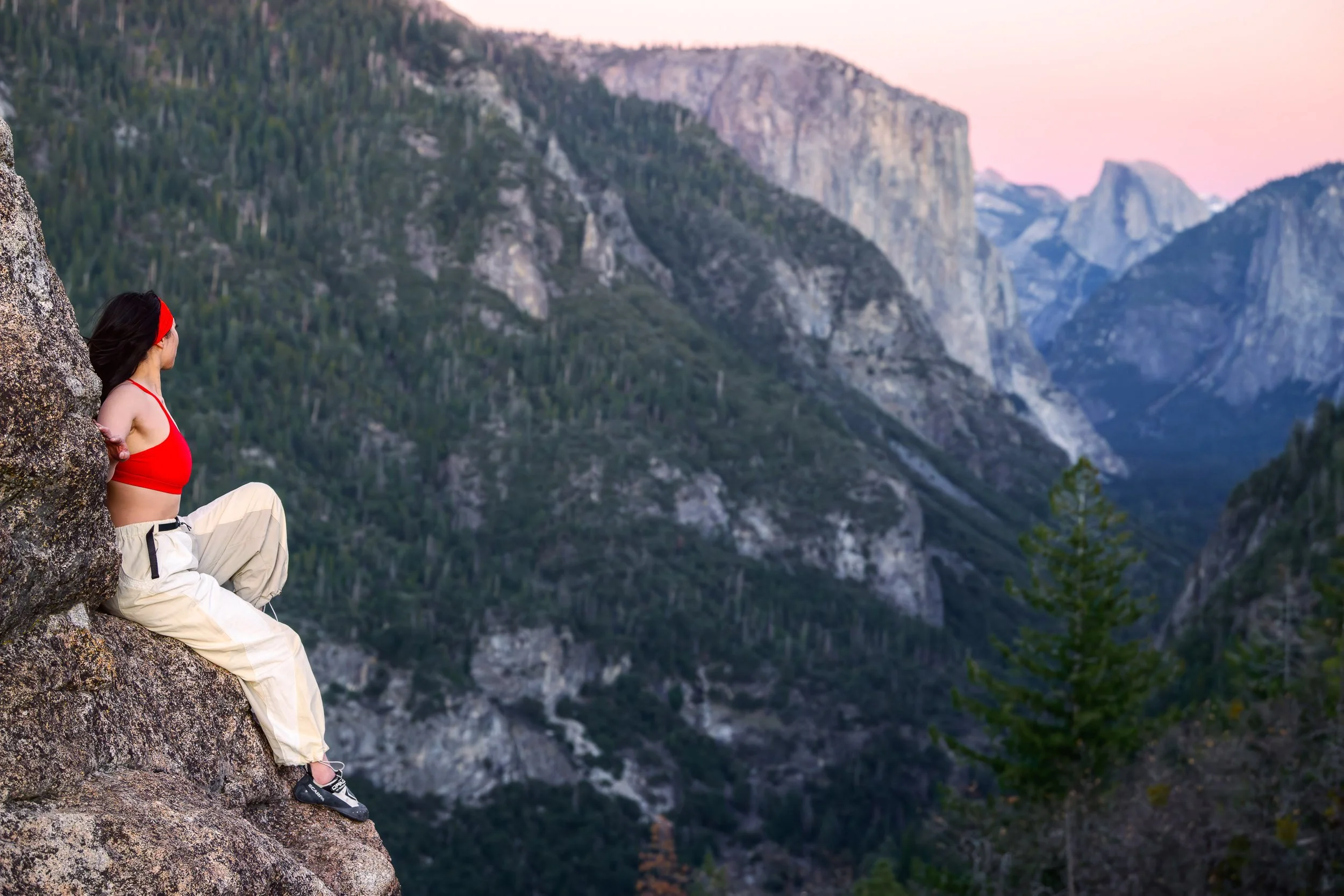 Post Climbing Reflection
Evonne sits on the granite boulder she just climbed, its precarious perch atop Turtleback Dome a quiet reminder of the glaciers that shaped this landscape long ago. The sun has slipped below the horizon, and the Belt of Venus