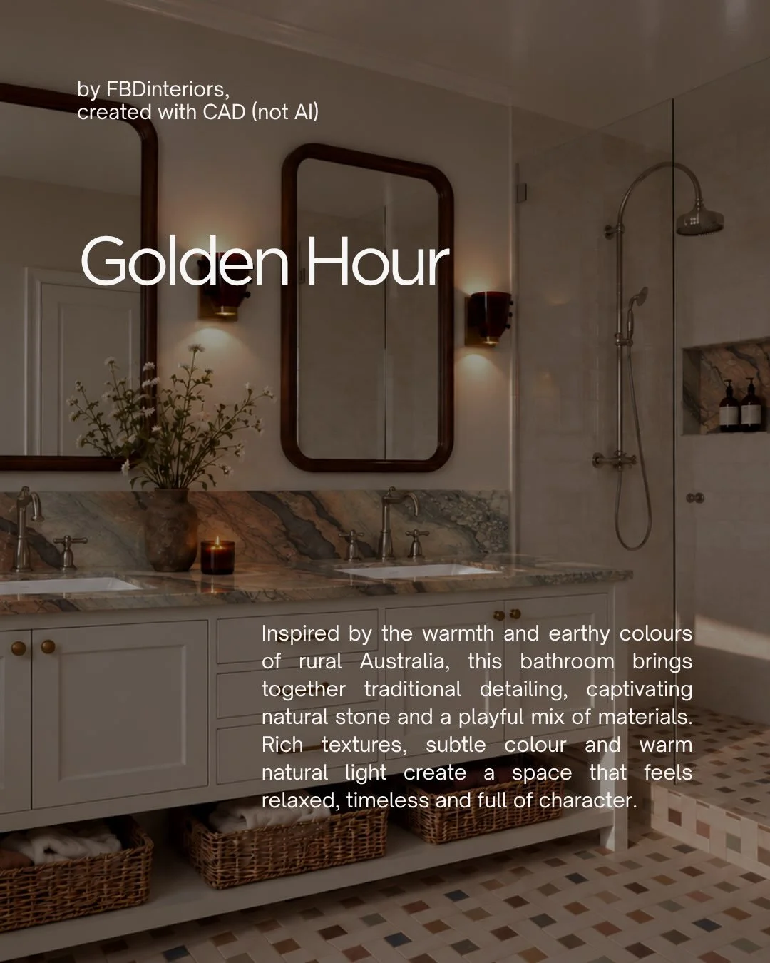The brief for this bathroom in rural Australia was to capture that golden-hour feeling. Warm, inviting and connected to the landscape outside, but with a little personality too.

The natural stone was a big part of bringing that feeling to life. It h