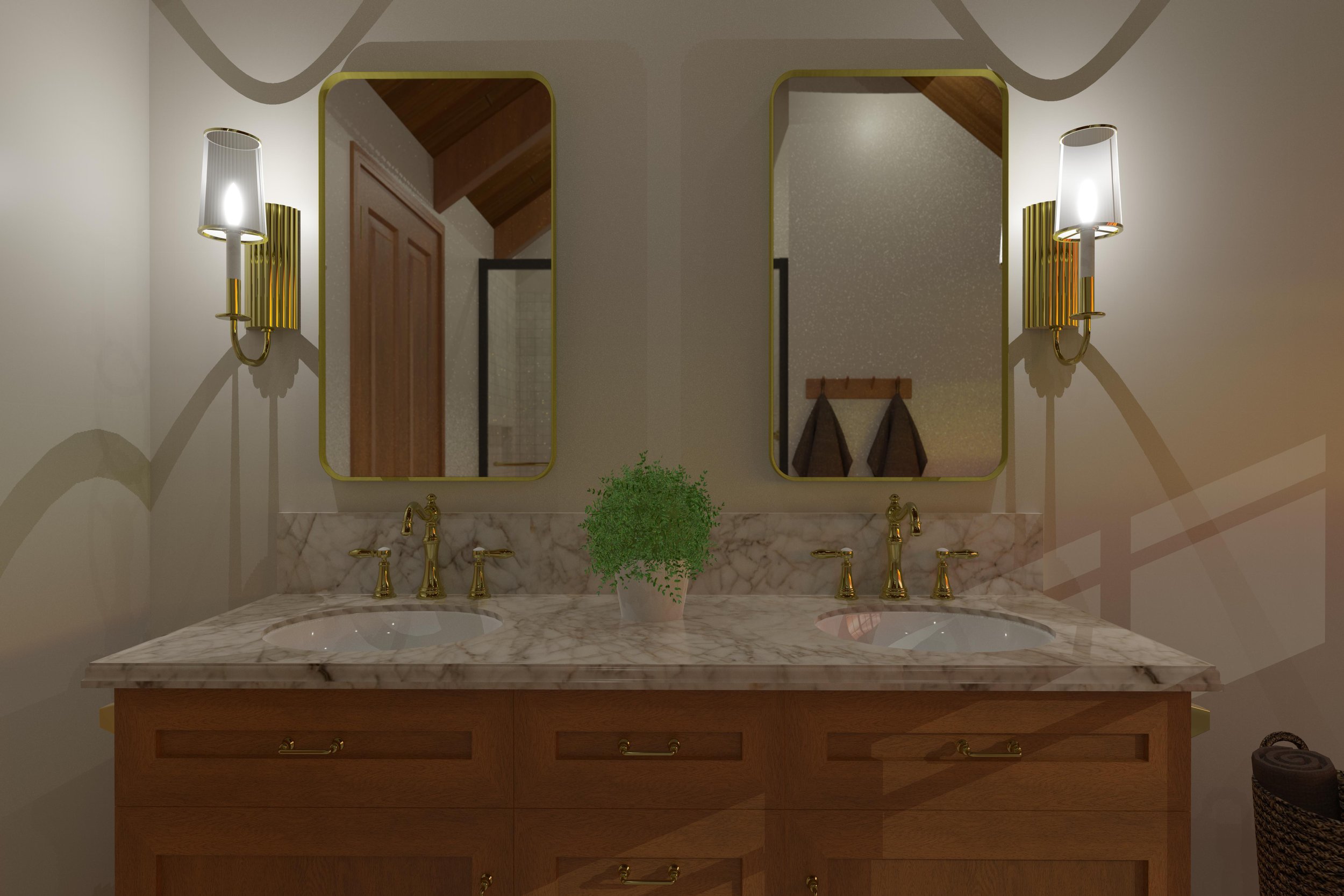 traditional bathroom oak vener cabinet shaker style cabinet tile floor tile shower base brass handles brass fittings timber windows timber door tub soaker bath