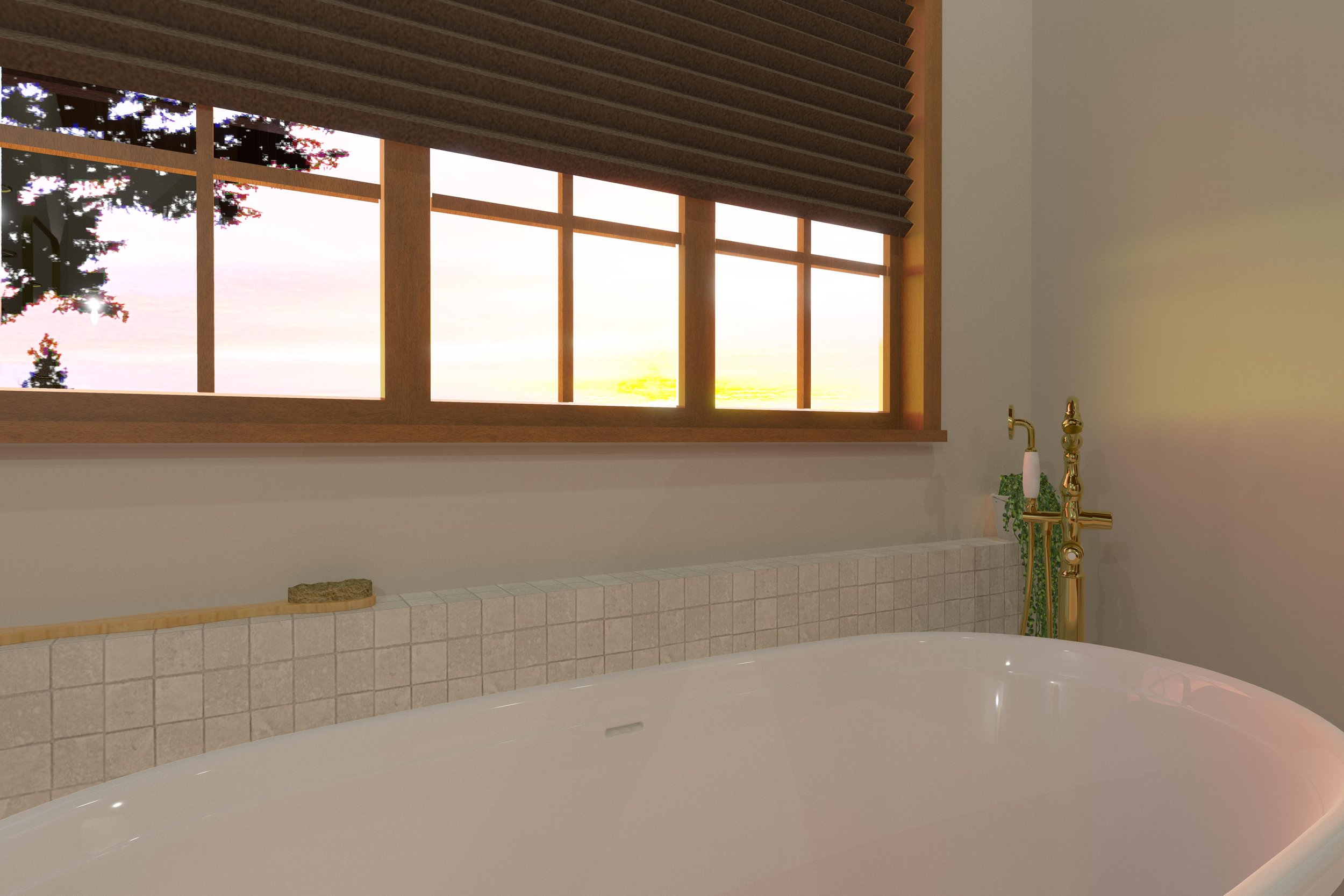 Tradtional bathroom oak vener cabinet shaker style cabinet tile floor tile shower base brass handles brass fittings timber windows timber door tub soaker bath