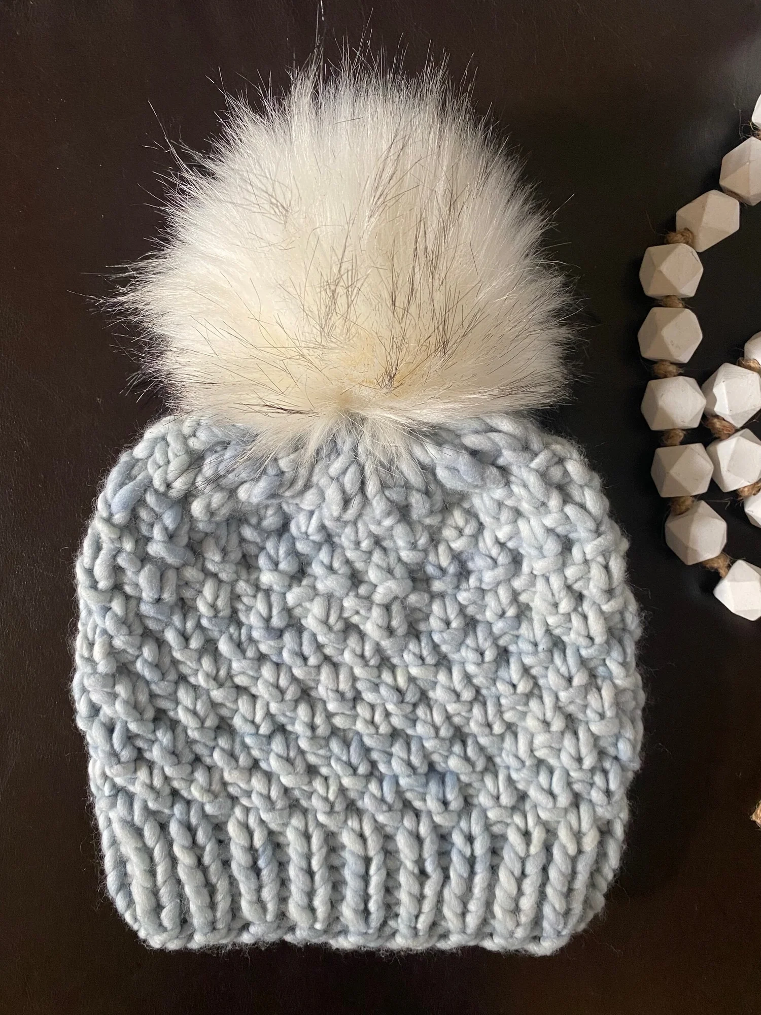 Hand Knit Merino Wool Beanie Hat With Faux Fur Pom Brown/Bronze Mix with Gray Accent- Merino Wool Knit Hat with  main image 2