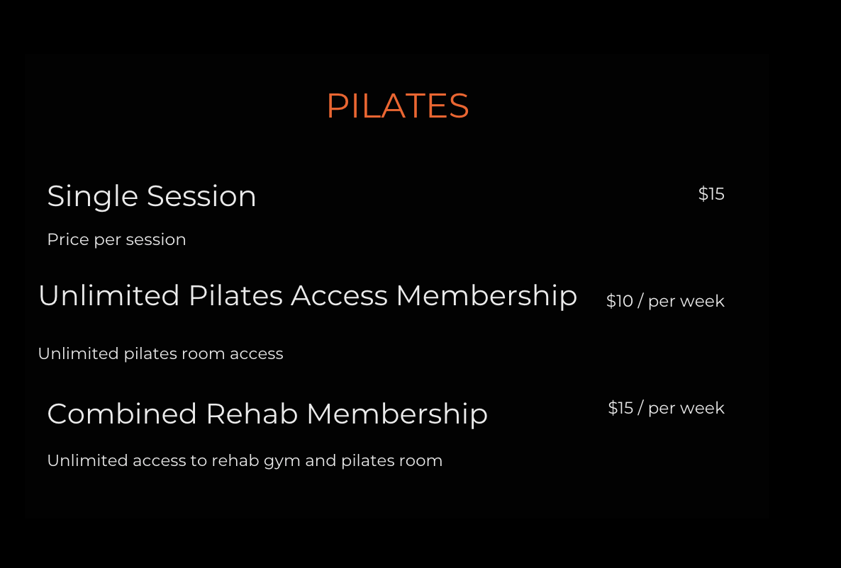 Pilates class pricing menu on a black background, listing options for single sessions, unlimited access membership, and combined rehab membership with prices and descriptions.