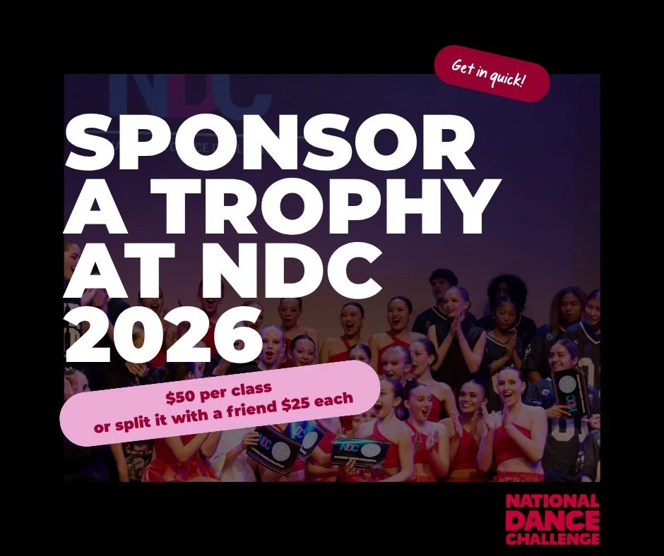 🏆 Be part of NDC 2026

We&rsquo;re inviting our community to help us celebrate dancers on stage ❤️

You can sponsor:

✨ A Class Trophy &ndash; $50
(or split it with a friend &ndash; $25 each 👀)

✨ A Major Trophy &ndash; $75
(Dance Team of the Year,