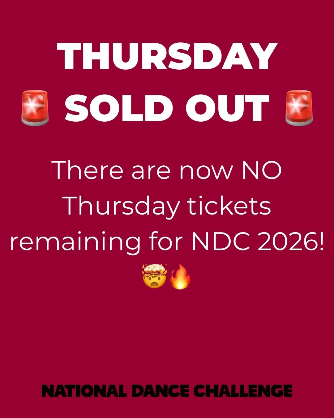 🚨 THURSDAY SOLD OUT 🚨

There are now NO Thursday tickets remaining for NDC 2026 🤯🖤

We know this will be disappointing for many families wanting to support our Primary &amp; Intermediate dancers and our incredible Dance Without Limits performers.