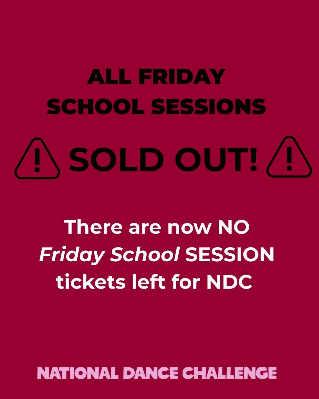 🚨 FRIDAY SCHOOL SESSIONS  SOLD OUT🚨

There are now NO Friday School Tickets left for NDC🤯🖤

We know this will be disappointing for many families wanting to support our secondary schools contemporary and hip hop performers. We truly wish we could 