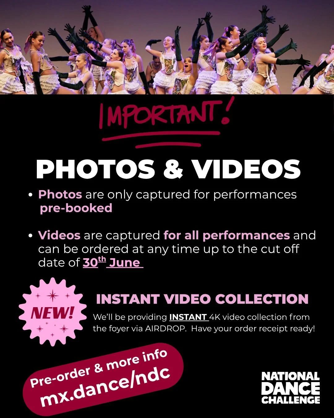 🎥 PHOTO &amp; VIDEO INFO 📸 

✅ Photos are only captured for performances that have been pre-booked

🎬 Videos are recorded for all performances and can be ordered anytime up until 30 June

⚡ NEW FOR 2026: Instant Video Collection!
Collect your perf
