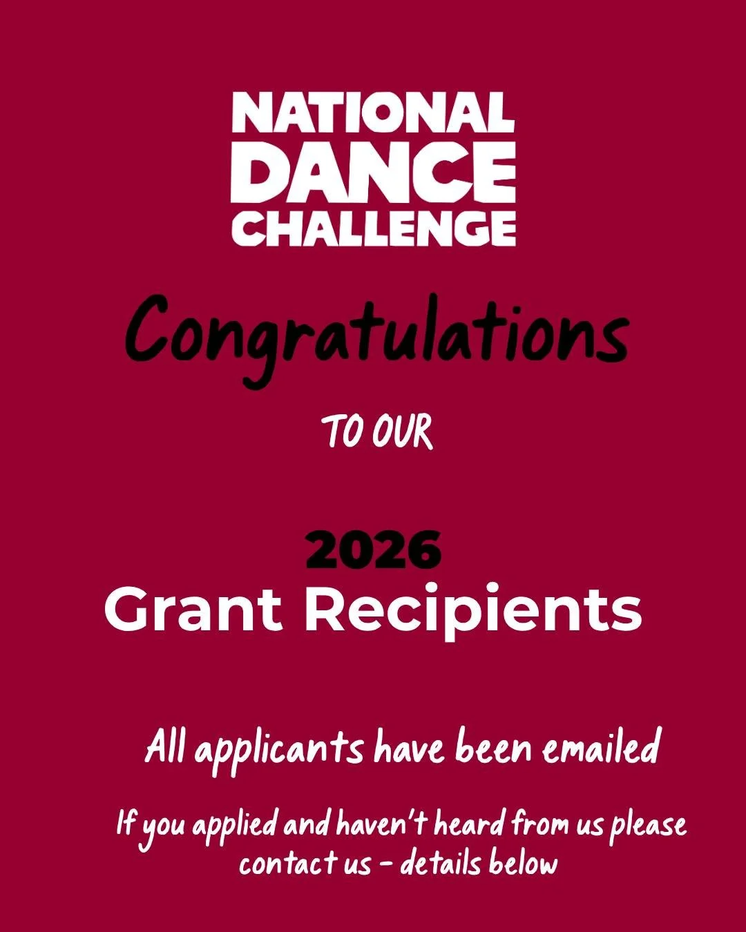 🎉CONGRATULATIONS TO OUR 2026 GRANT RECIPIENTS! 🎉

A huge congratulations to everyone who has been selected as a 2026 National Dance Challenge Grant Recipient! 🥳✨ We&rsquo;re so excited to support your dance journeys and help make your dreams a lit
