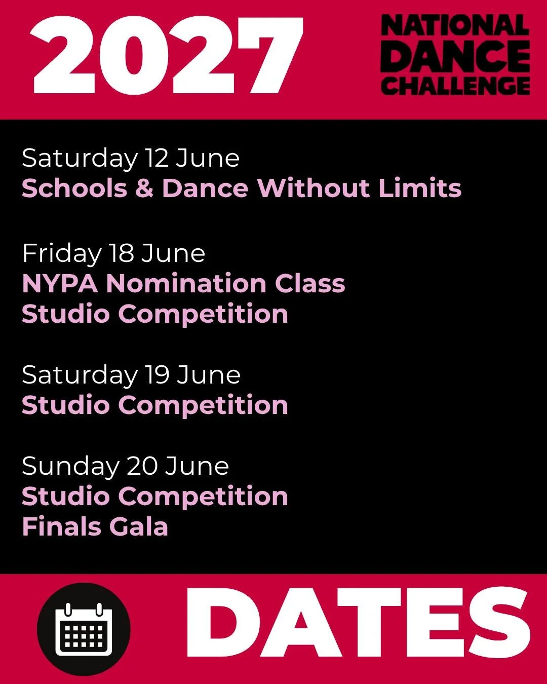 💙 SAVE THE DATE! NDC 2027 IS COMING! ⭐️

🗓️ NDC 2027 DATES 
➡Sat 12 June &ndash; Schools &amp; DWL 
➡Fri 18 June &ndash; NYPA Nomination Class + Studio Competition 
➡Sat 19 June &ndash; Studio Competition 
➡Sun 20 June &ndash; Studio Competition &a