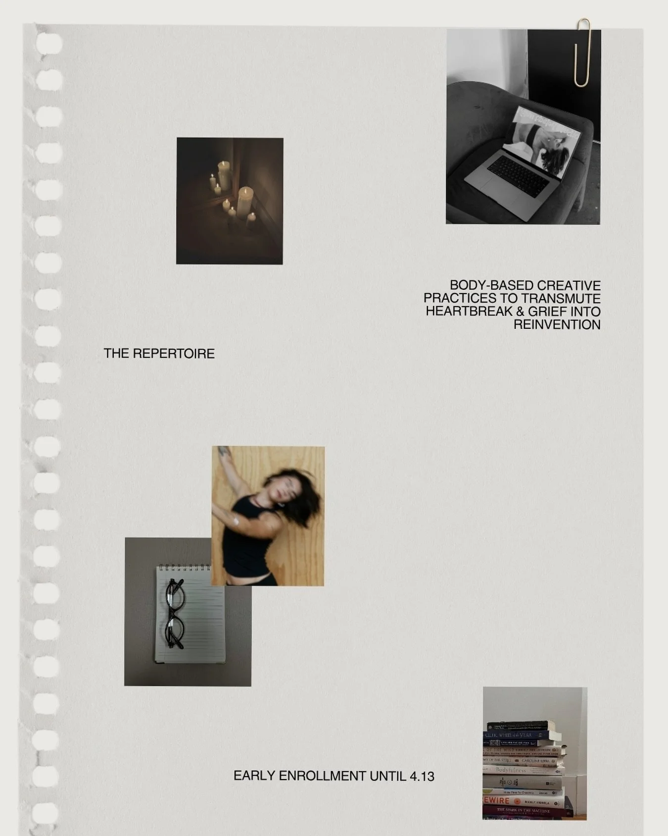 Inside&nbsp;The Repertoire,&nbsp;we drop back into the body, 

use athletic pilates and strength to ground and stabilize, 

somatic movement to process emotion, 

fascial release to move stuck energy out of your tissues, 

channeled writing and guide