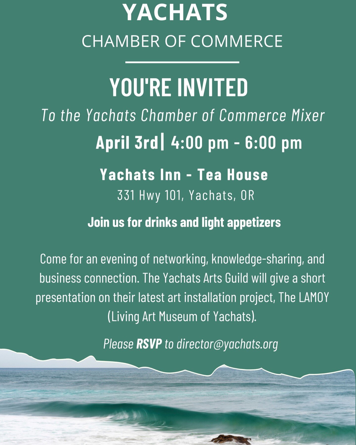 🎉 Join us for the Yachats Chamber Mixer on April 3rd! 🎉
🕓 Time: 4-6 PM
📍 Location: Yachats Inn Tearoom
Come spend an evening networking and connecting with business and community peers. It's an excellent opportunity to meet new faces, catch up wi