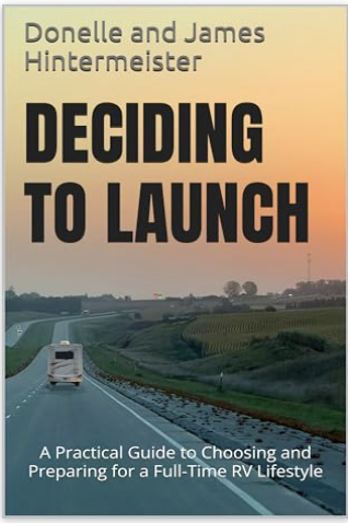 Book titled 'Deciding to Launch' by Donelle and James Hintermeister with a rural road and landscape in the background with the orange and yellow colors of the sunrise in the top half of the book cover.