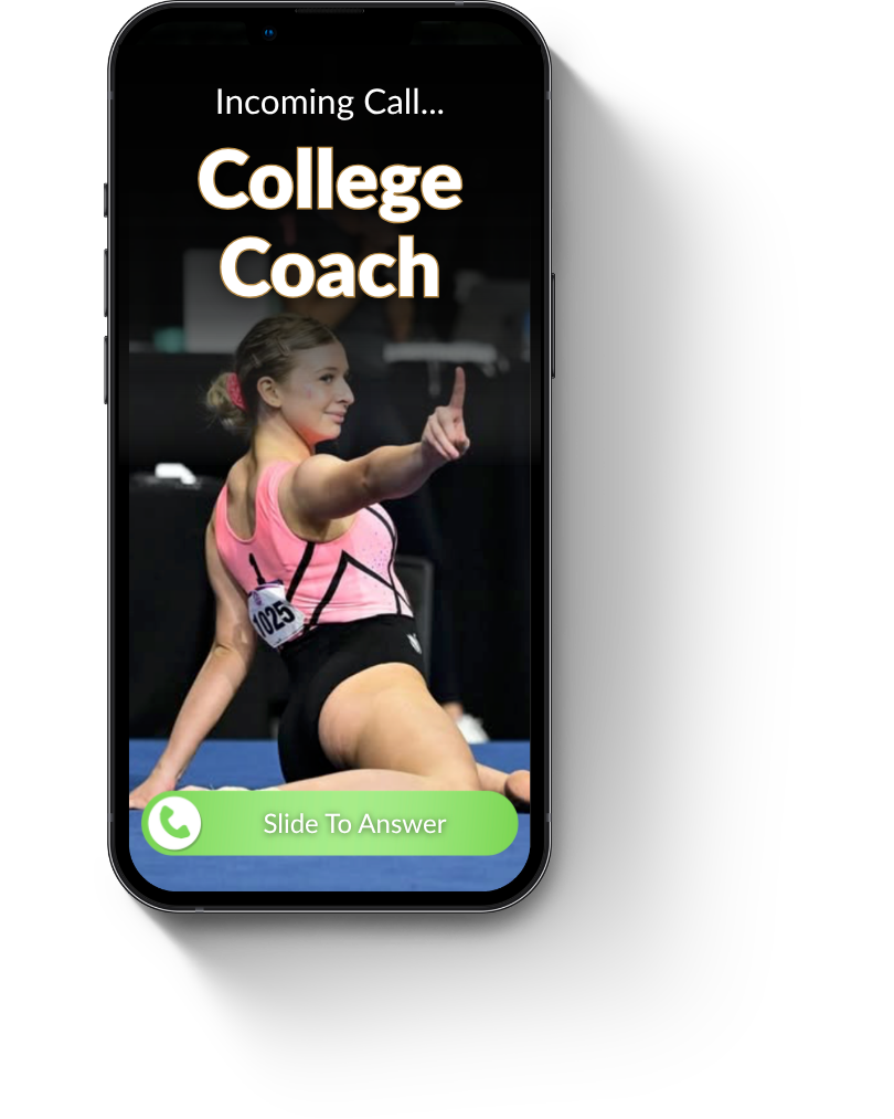 Smartphone screen showing an incoming call from 'College Coach' with an image of a female athlete in a pink sports bra and black shorts, sitting on the floor in a gym, pointing her finger.