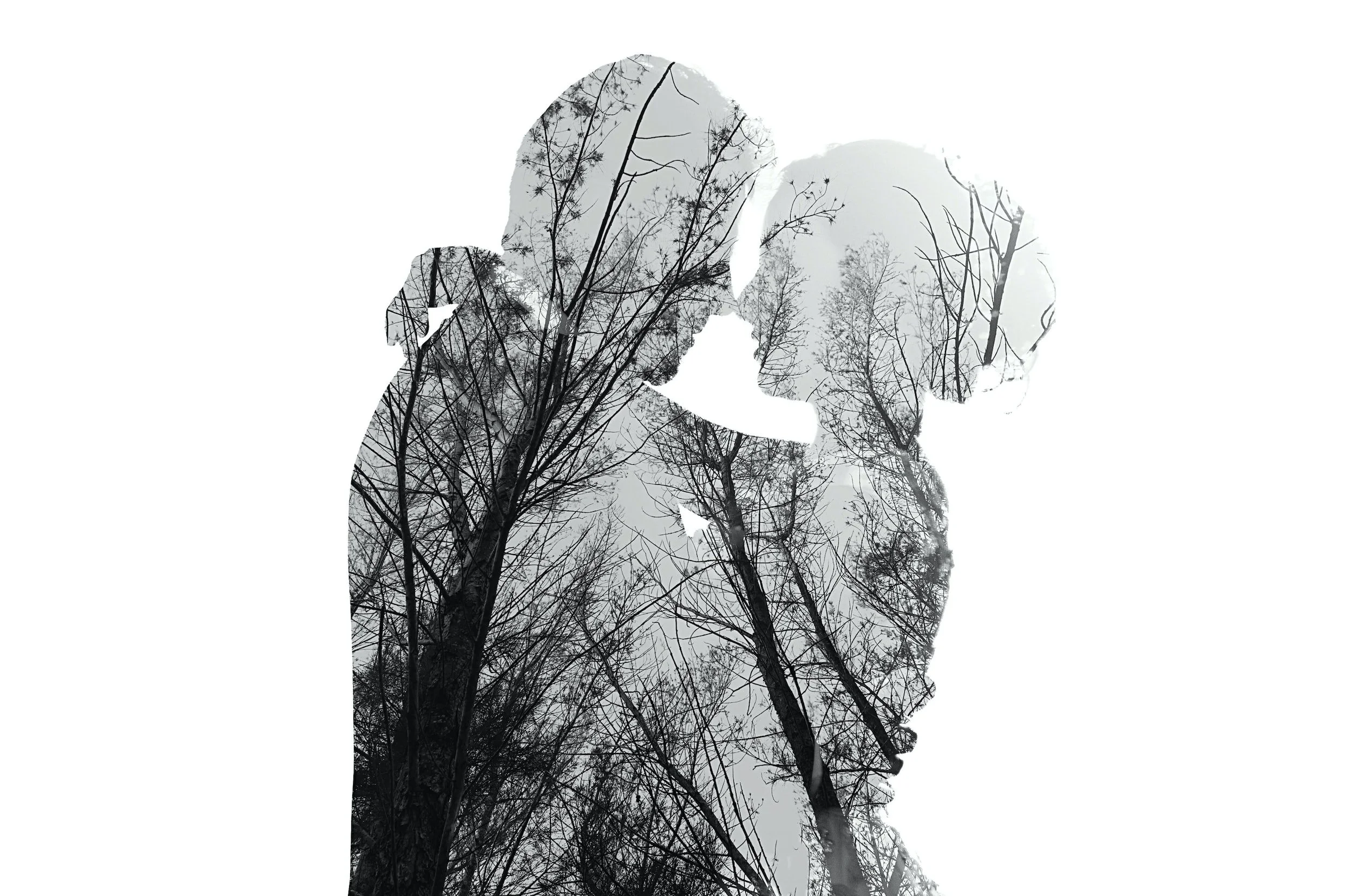 A double exposure image of a man and a child with the outlines filled with a pattern of leafless tree branches.