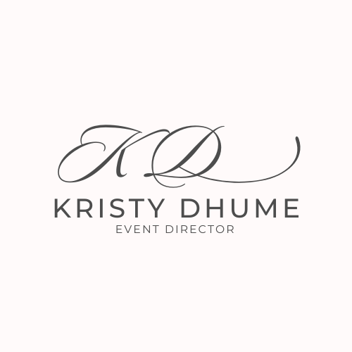 Elegant logo with initials 'K D' and the name 'Kristy Dhume,' labeled as Event Director.
