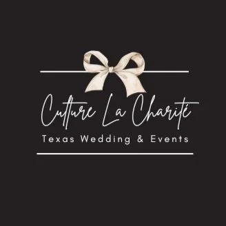 Logo for Couture La Charite, Texas Wedding & Events, featuring a white bow on a black background with elegant script text.