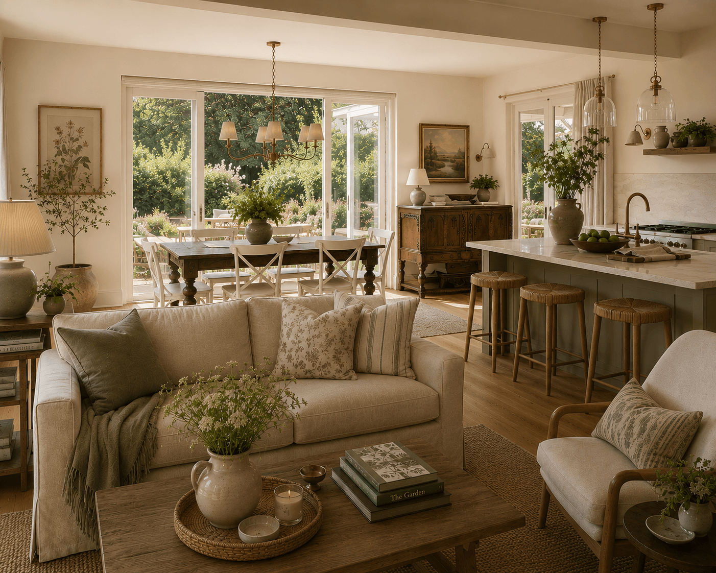 Open-plan kitchen, dining and living room concept featuring white window frames, large garden-facing doors, warm neutral furnishings, timber furniture, shaker-style joinery, stone benchtops and natural textures in a character home extension.