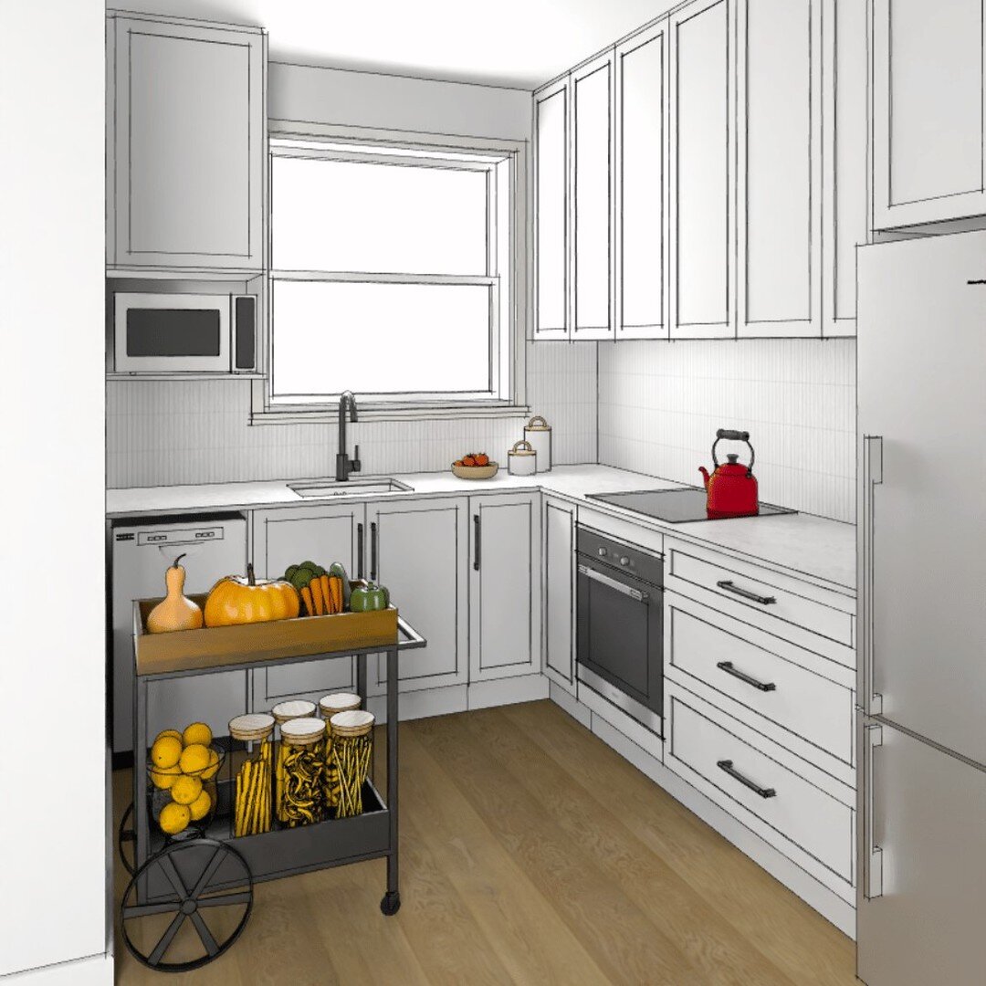 Small kitchens are the worst! It's so hard to fit everything you need without a well thought out floor plan.

And then using the floor plan - a 3D model of the space to really get a feel for how it will look and function. As I've done here.

On the b