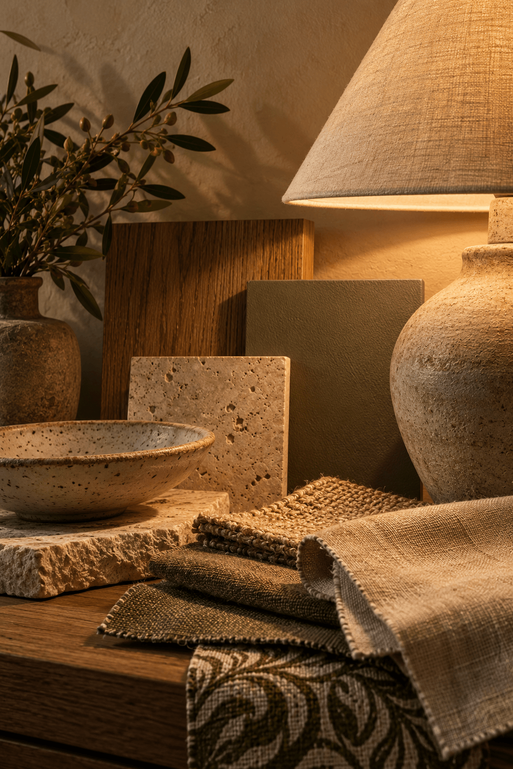 Natural timber, stone, ceramics and layered textiles illuminated by warm lamplight.