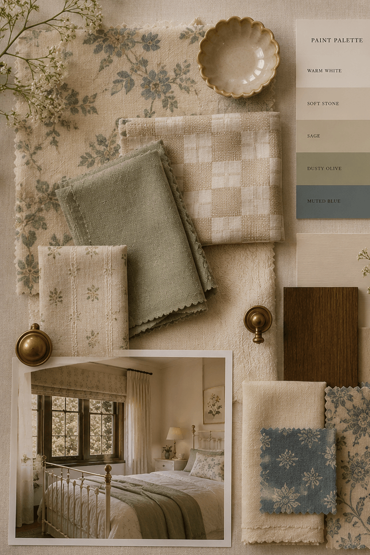 Bedroom materials board featuring floral and checked fabrics, muted blue and sage green textiles, warm neutral paint colours, dark timber sample, aged brass hardware and inspiration image for a character home bedroom renovation.