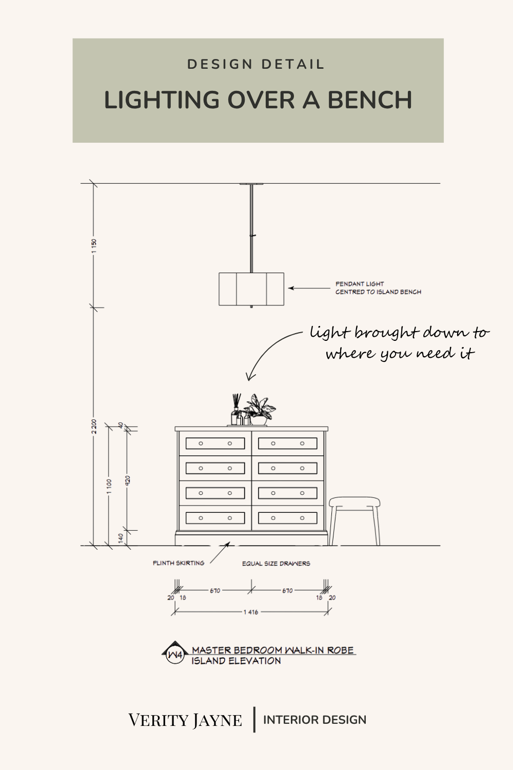Interior design elevation showing a pendant light centred over a walk-in robe island bench and joinery.