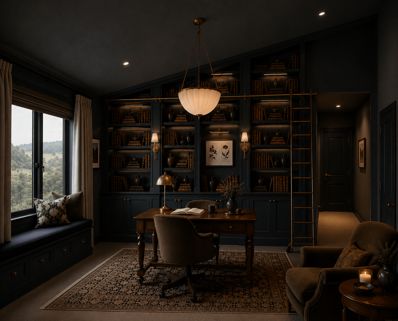 Dark library interior concept with wall lights integrated into the joinery, bringing warm layered lighting closer to eye level.