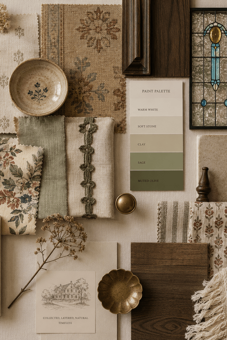 Materials board featuring floral and striped fabrics, warm neutral paint colours, muted sage green accents, dark timber samples, aged brass hardware and stained glass details for a character home renovation concept.