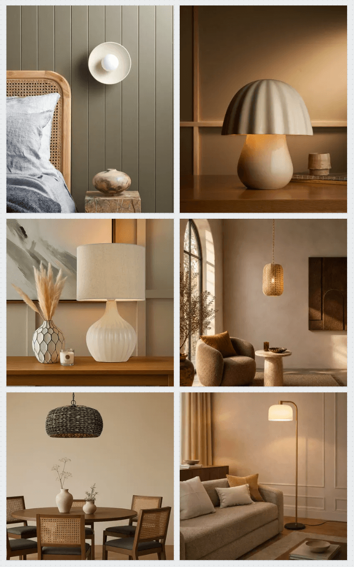 Selection of decorative wall lights, table lamps, pendant lights and floor lamps from the Telbix and Robert Gordon ranges.