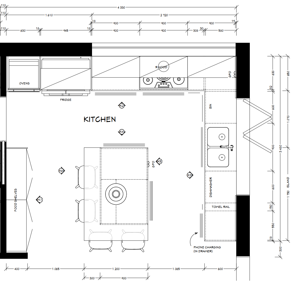 Interior design kitchen plan showing detailed space planning for a Melbourne apartment, balancing functionality, storage and entertaining within a compact footprint.