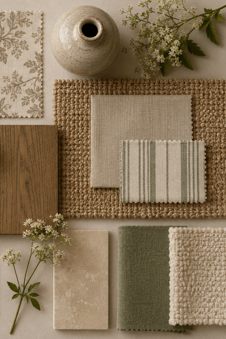 Interior design materials board for a light-filled home extension featuring oak-toned timber, natural stone, woven textures, linen fabrics, soft green accents and neutral finishes designed to complement a character home renovation.