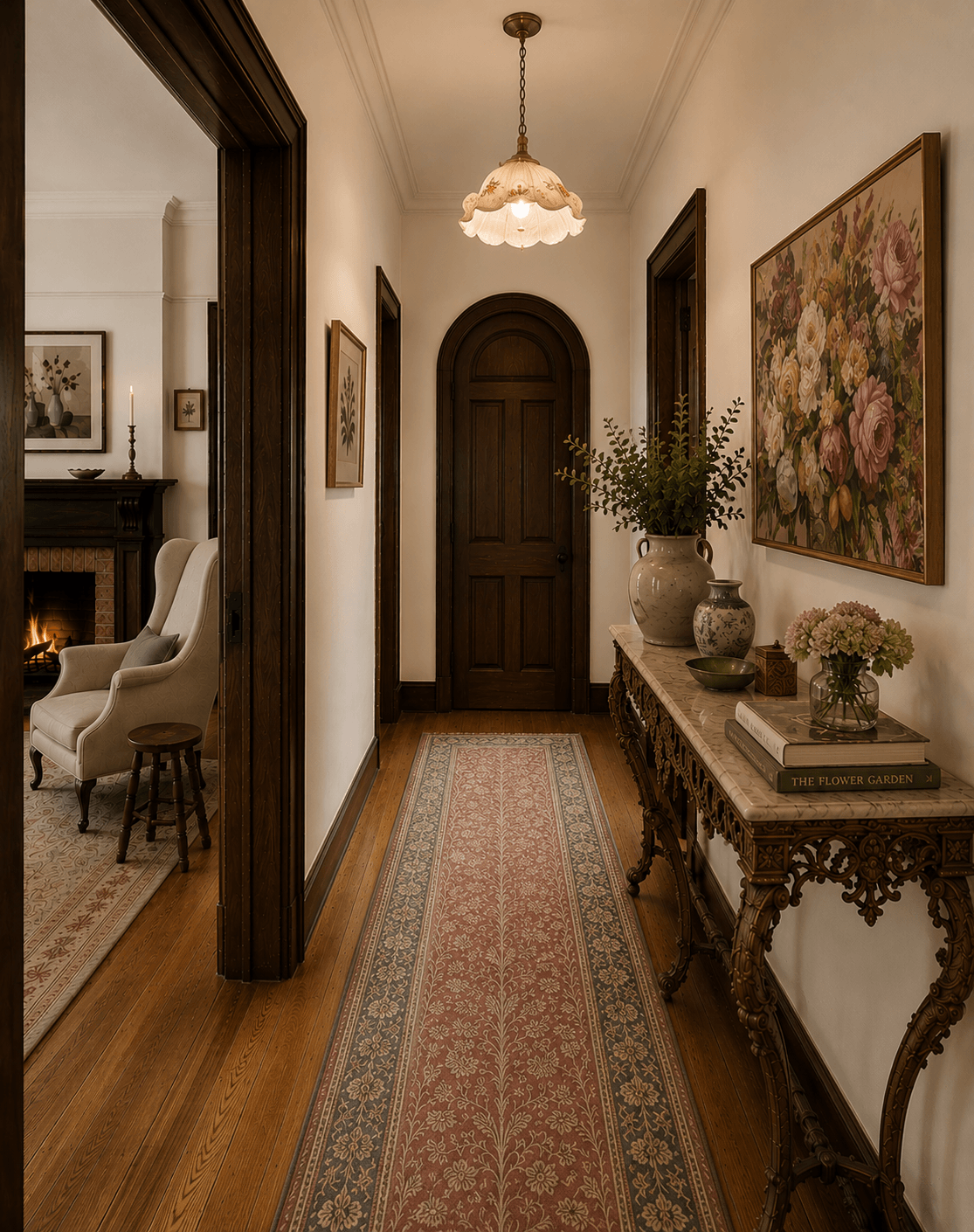 Hallway concept for a character home renovation featuring original dark timber doors and architraves, warm white walls, timber flooring, a floral runner rug, carved console table, botanical artwork and traditional pendant lighting.