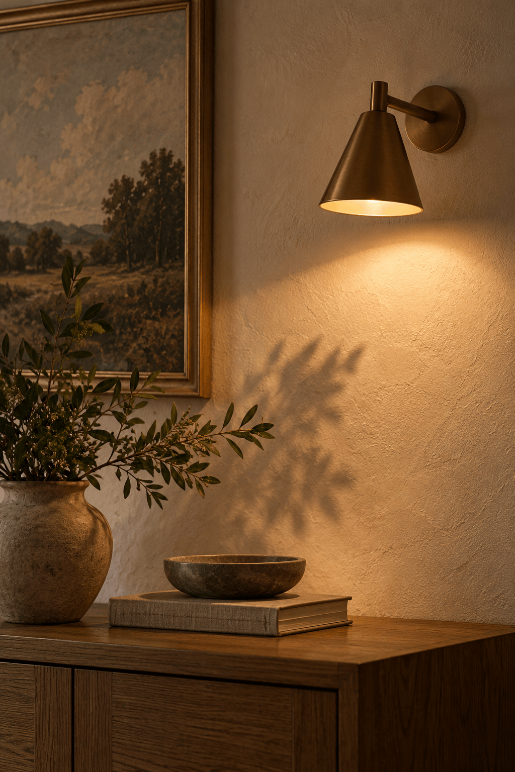 Warm wall light casting a soft pool of light and foliage shadows across a textured plaster wall.