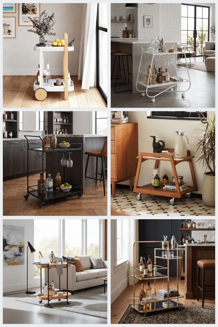 Collage of six bar carts in contemporary interiors, featuring timber, black metal, white and brass designs, styled with glassware, drinks and decorative accessories.