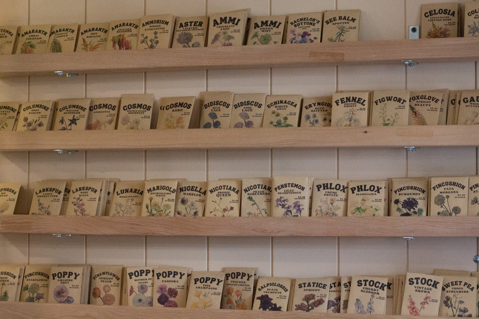 Rows of brown seed packages.