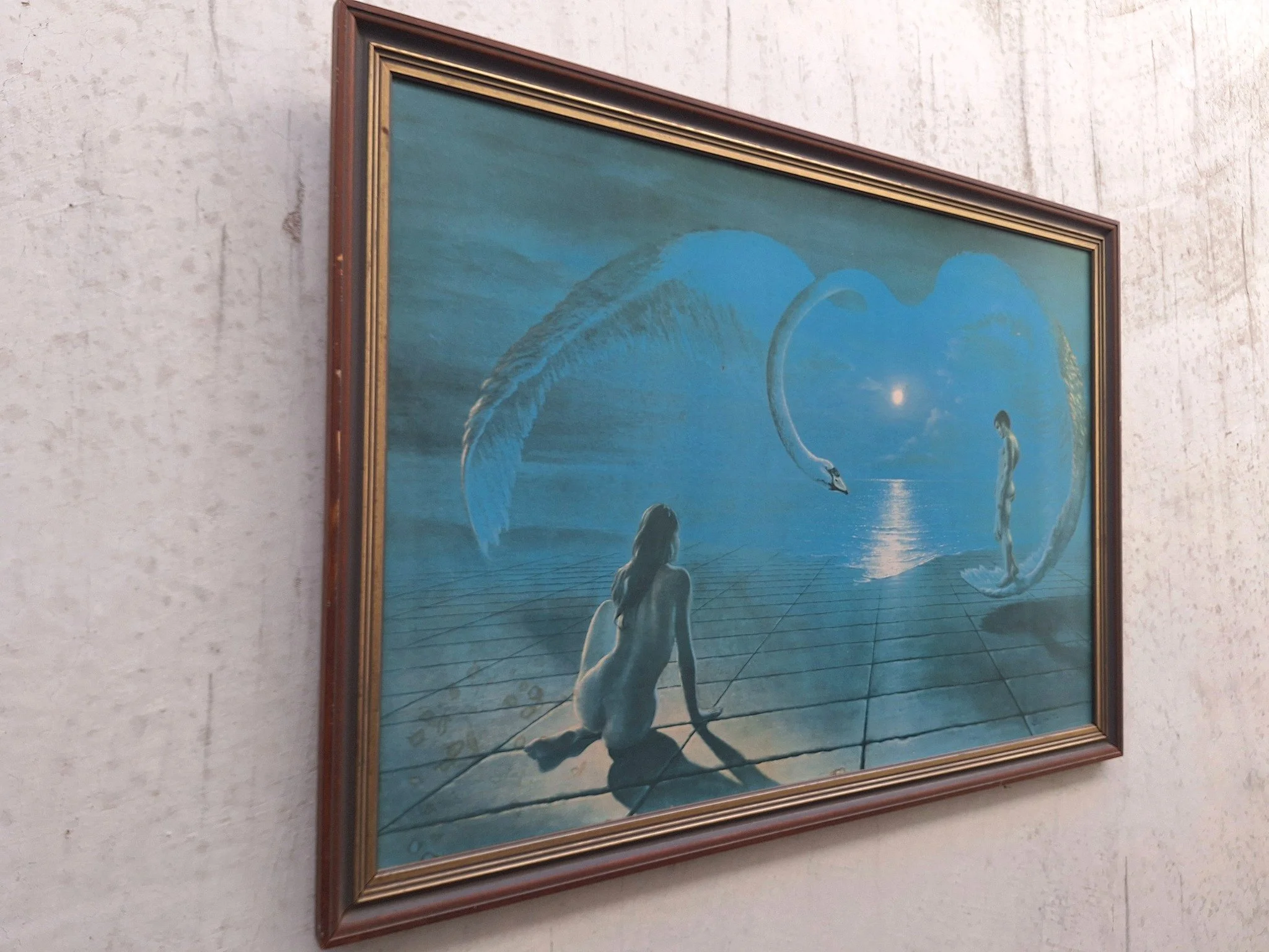 Vintage Wings of Love framed print with moonlit swan heart design in original timber frame