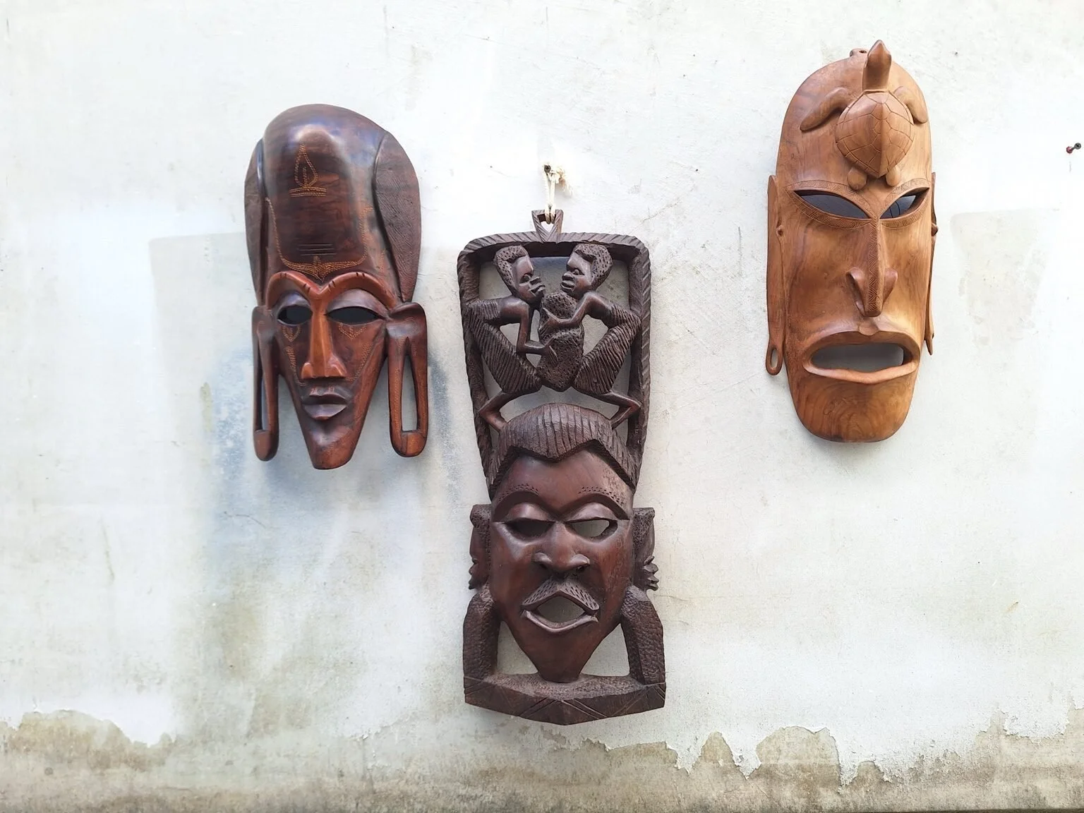 Vintage Hand-Carved Timber Wall Masks — Three Available
