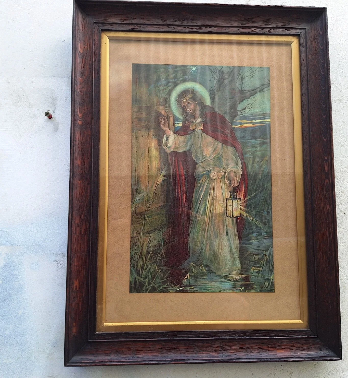 Vintage print depicting Jesus with a child in a silky oak frame