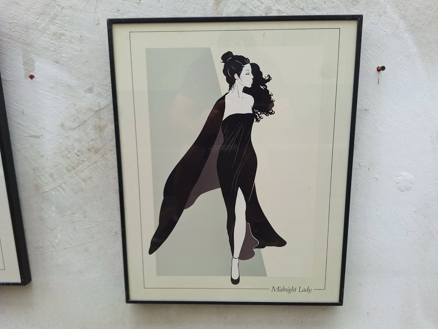 Midnight Lady print depicting a standing woman in a dark gown against pale geometric shapes.