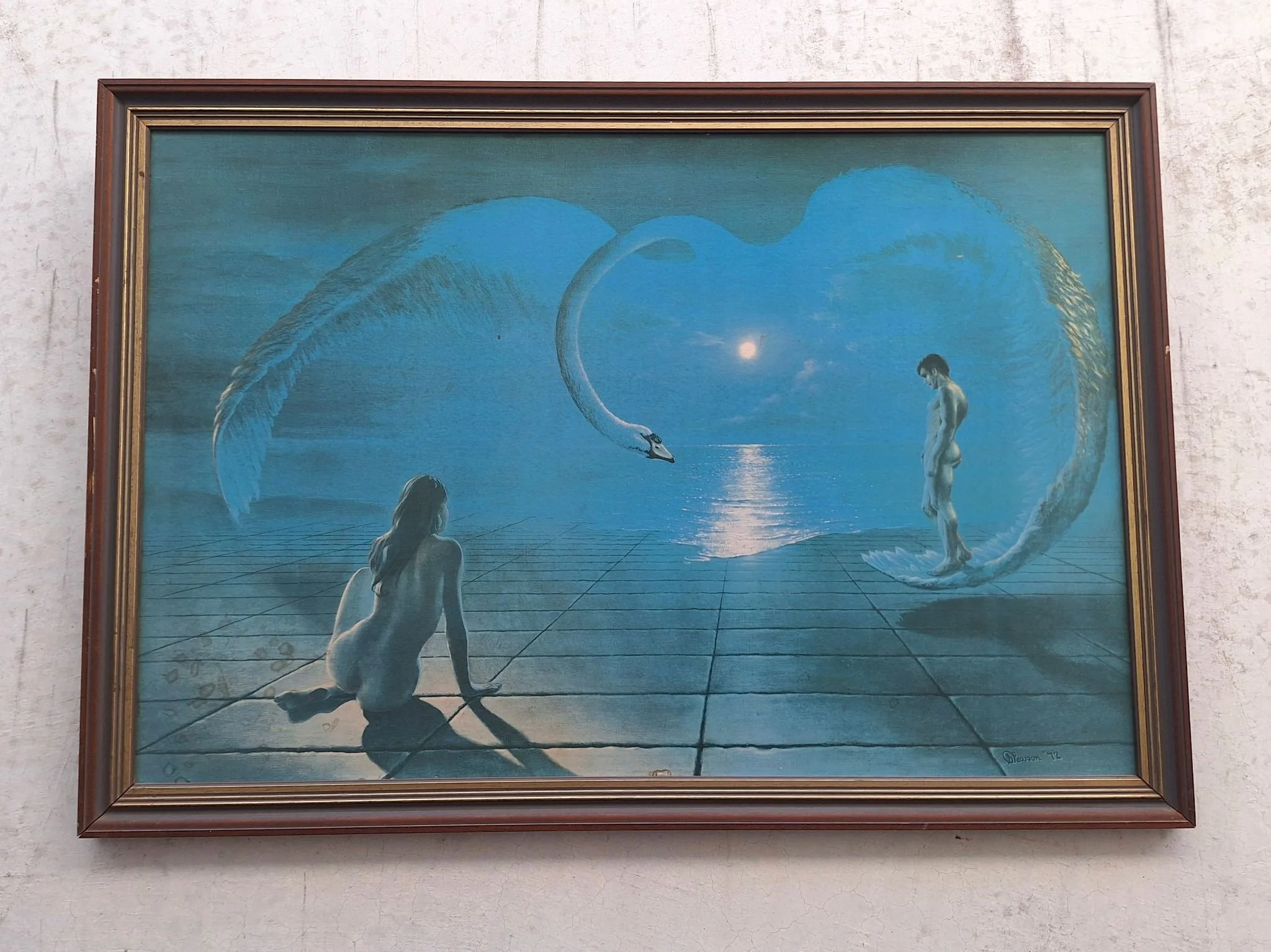 Vintage Wings of Love framed print with moonlit swan heart design in original timber frame