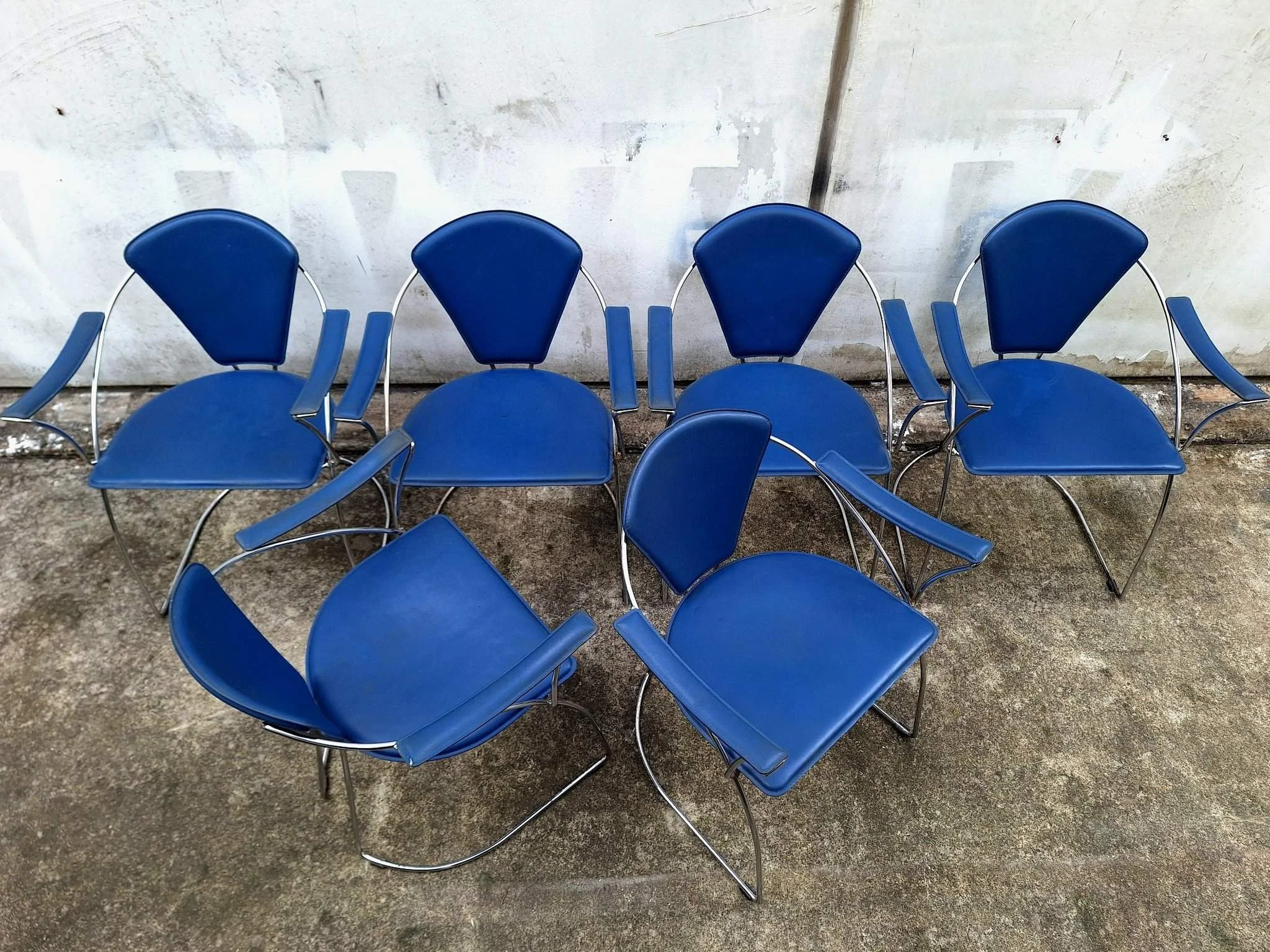 postmodern blue chrome dining chairs group shot