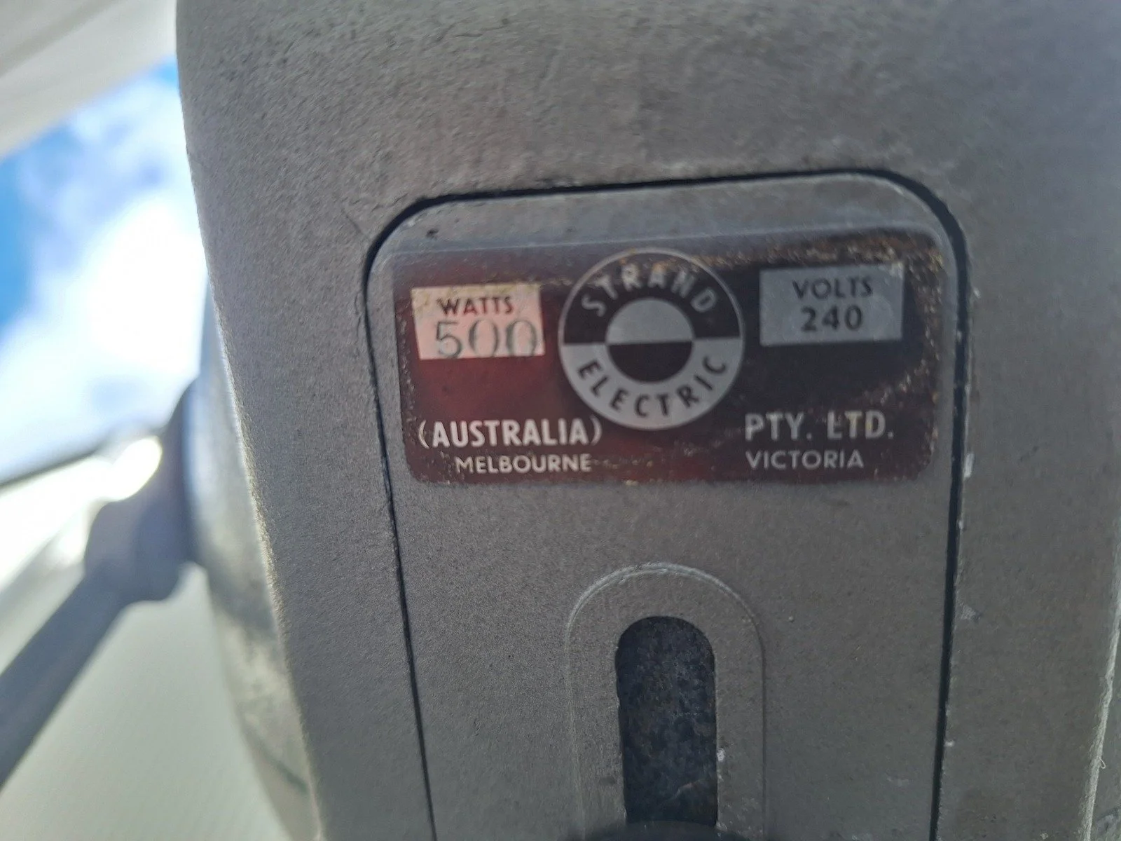 Strand Electric Australia label on lamp No. 1 showing the historical 500-watt and 240-volt markings.